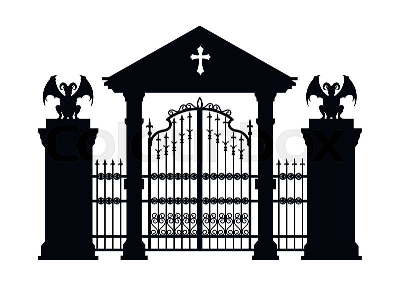 Black silhouette of gothic cemetery gate. Isolated drawing of cathedral build. Fantasy architecture. European medieval landmark. Design element. Vector illustration, vector
