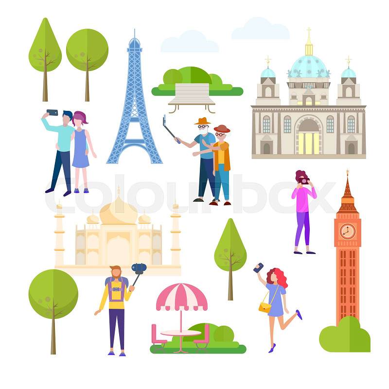 People visiting the city architecture, photographed against the background of historical attractions. The concept of travel, people are photographed, vector
