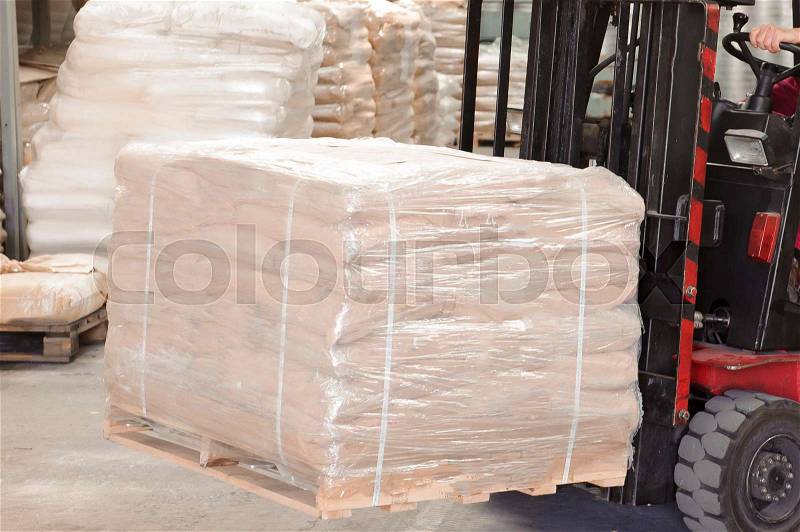 Pile of bags in the production factory, stock photo