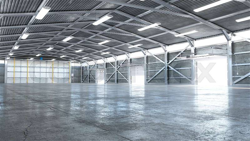 Hangar interior with opened gate. 3d illustration, stock photo