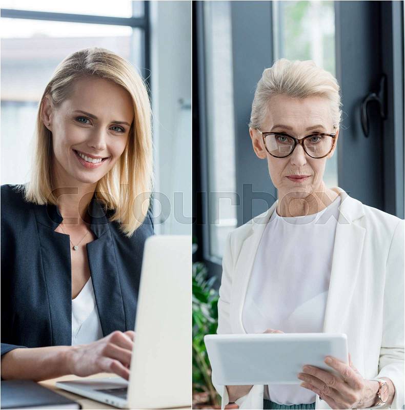 Collage of different age businesswomen using gadgets at workplace in office, stock photo