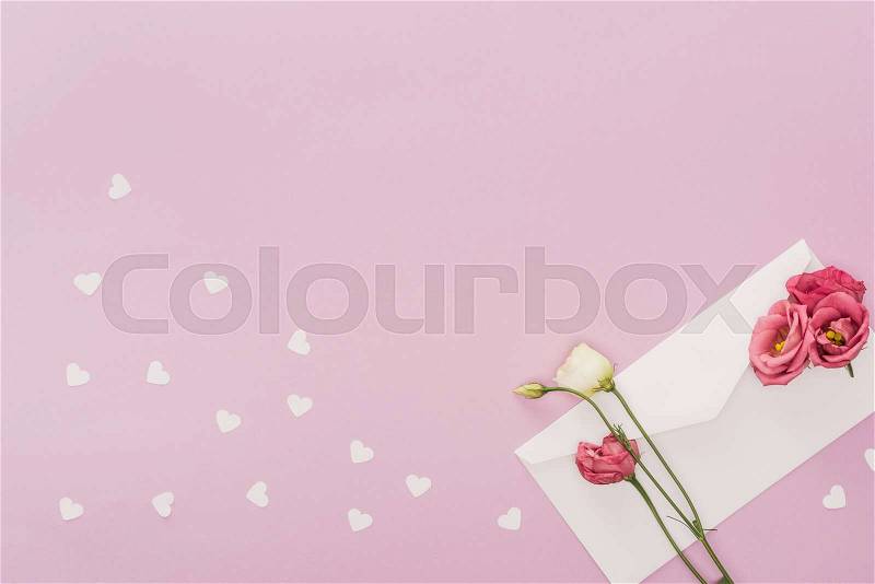 Top view of envelope, flowers and paper hearts isolated on pink, stock photo