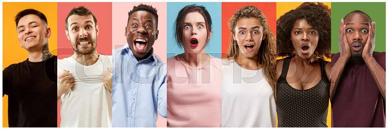 The collage of faces of surprised people on colored backgrounds. Happy men and women smiling. Human emotions, facial expression concept. collage of different human ..., stock photo