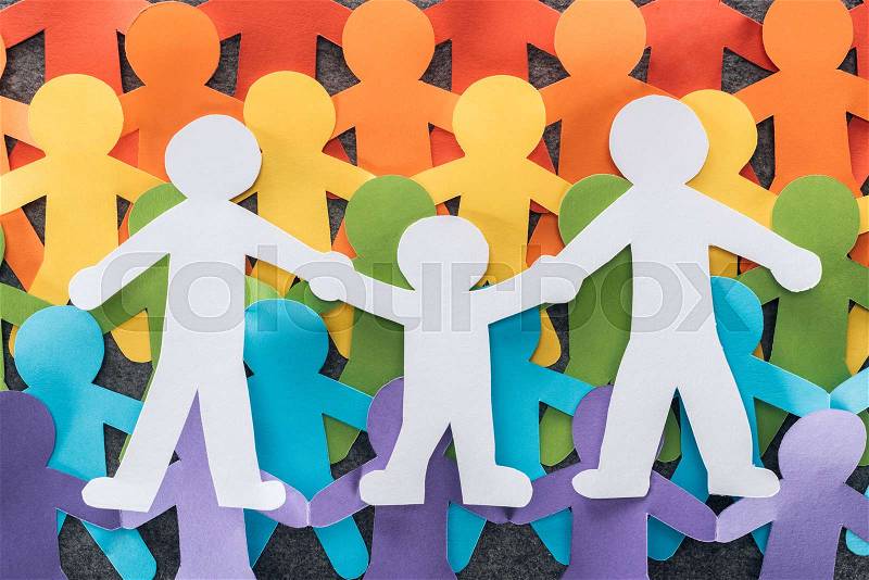 Rainbow multicolored same sex paper cut family, lgbt concept, stock photo