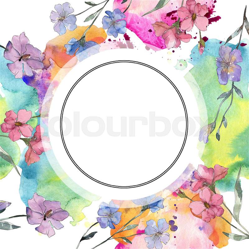 Pink and purple flax floral botanical flower. Wild spring leaf wildflower isolated. Watercolor background illustration set. Watercolour drawing fashion aquarelle. ..., stock photo