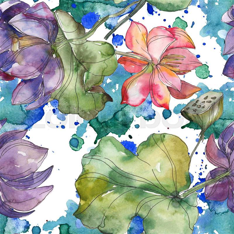 Pink and purple lotus botanical flower. Wild spring leaf isolated. Watercolor illustration set. Watercolour drawing fashion aquarelle. Seamless background pattern. ..., stock photo
