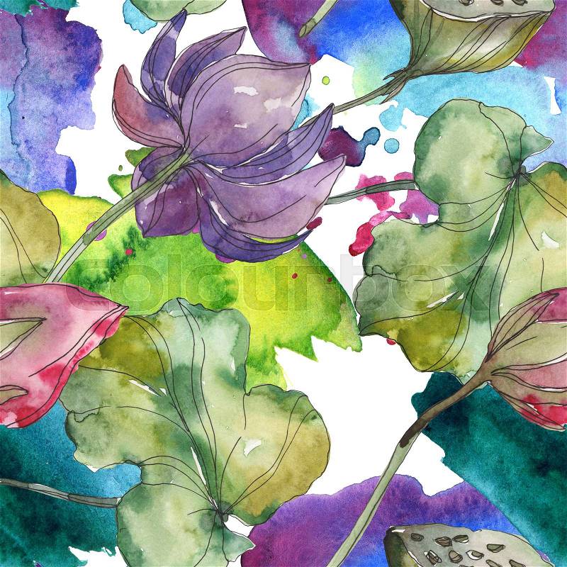Pink and purple lotus botanical flower. Wild spring leaf isolated. Watercolor illustration set. Watercolour drawing fashion aquarelle. Seamless background pattern. ..., stock photo