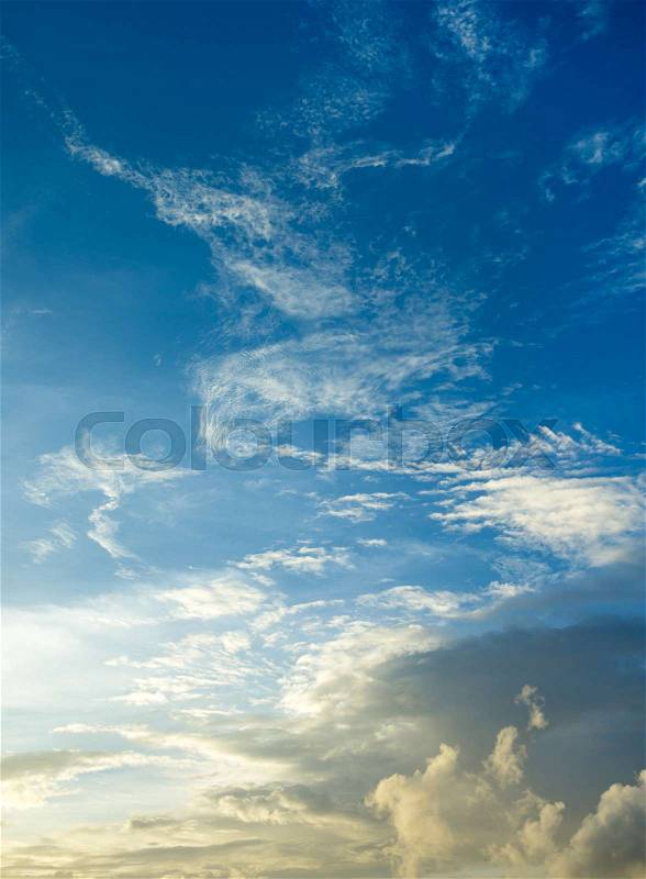 Sunset with sun rays, sky with clouds and sun, stock photo