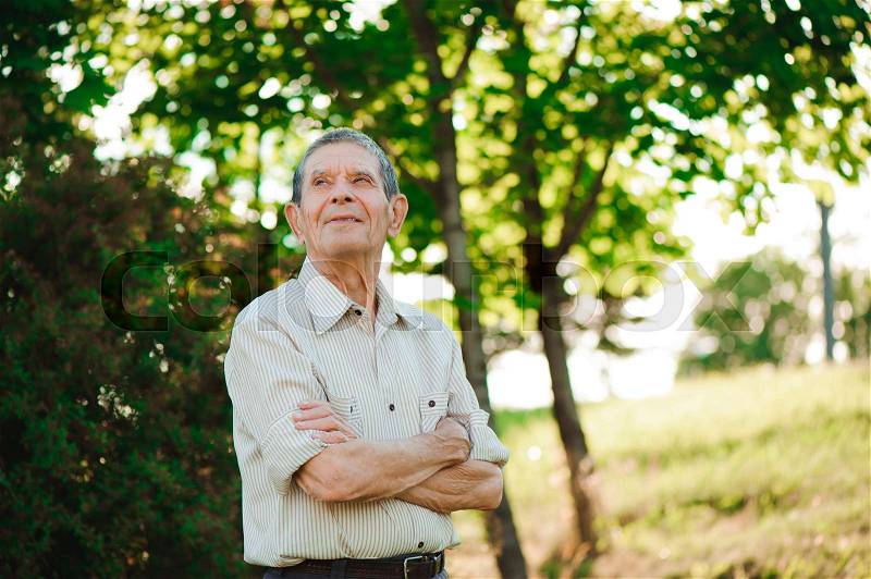 80 year old man posing in the summer park, stock photo