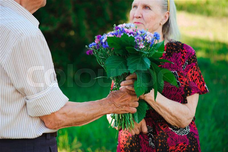 An elderly man of 80 years old gives flowers to his wife in a summer park, stock photo