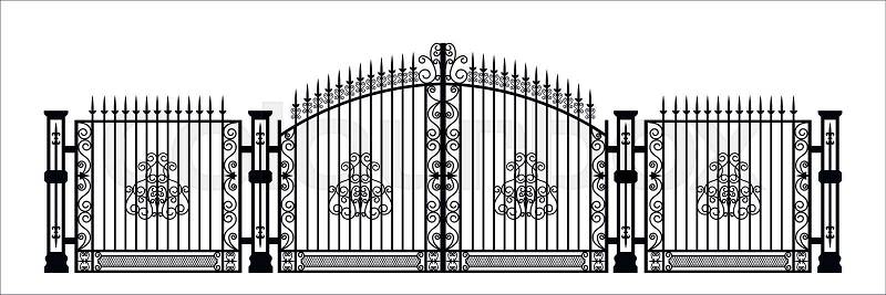 Black silhouette of gothic cemetery gate with ornament. Isolated drawing of cathedral build. Fantasy architecture. European medieval landmark. Design element. Vector ..., vector