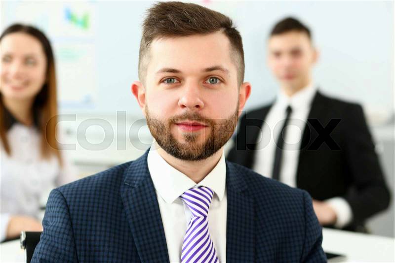 Handsome man in suit and tie look in camera on chest background. White collar dress code modern office lifestyle graduate college study profession idea coach train ..., stock photo