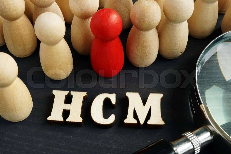 Human capital management HCM concept. Figurines and magnifying glass, stock photo