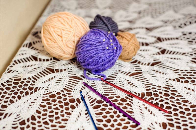 Knitting wool and knitting needles, knitting equipment, stock photo