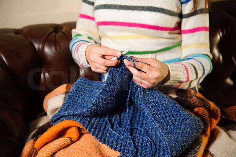 Handmade knitting, leisure woman activity. detail photo, stock photo