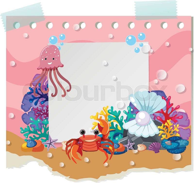 Border template with cute animals underwater illustration, vector