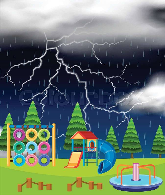 Playground scene on thunderstorm night illustration, vector