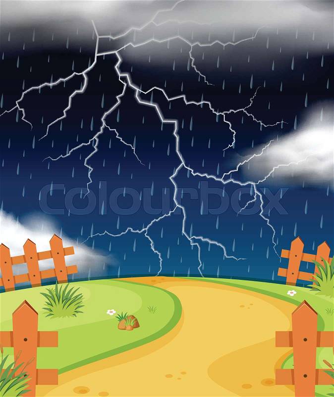 Nature scene with lightning and rain illustration, vector