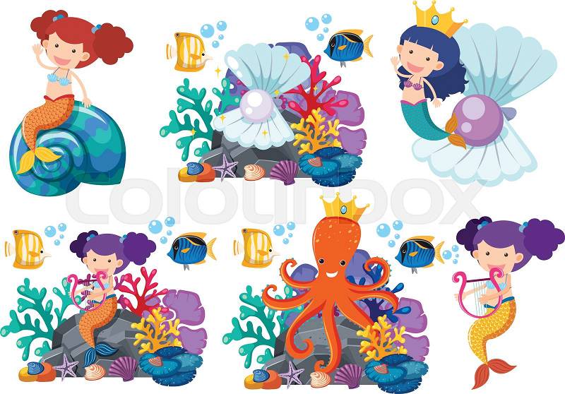Mermaids and sea animals underwater illustration, vector
