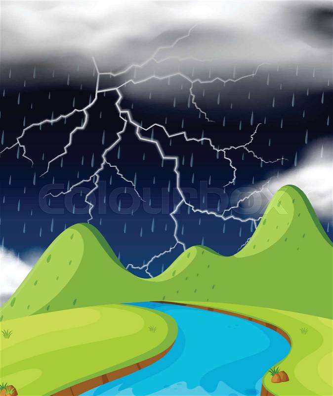 Nature scene with lightning and raining at night illustration, vector