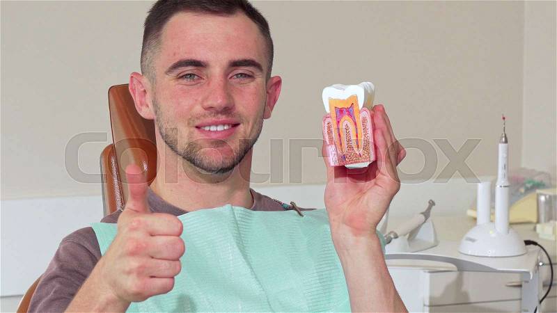Handsome young man smiling to the camera holding dental mold at the clinic. Attractive male patient examining tooth mold, sitting in dental chair. Dentistry, oral ..., stock photo
