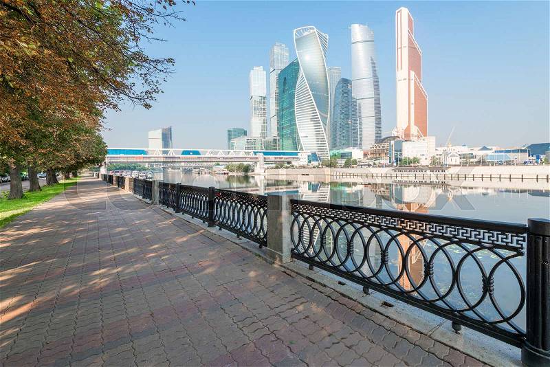 Landmark Moscow City by the river, walk along the embankment of the city, stock photo