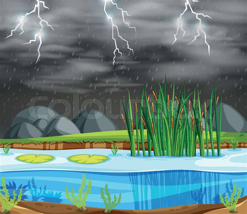 A thunderstorm lake scene illustration, vector