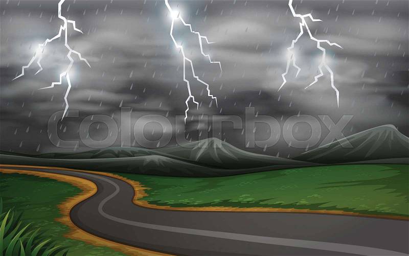 A thunderstorm road scene illustration, vector