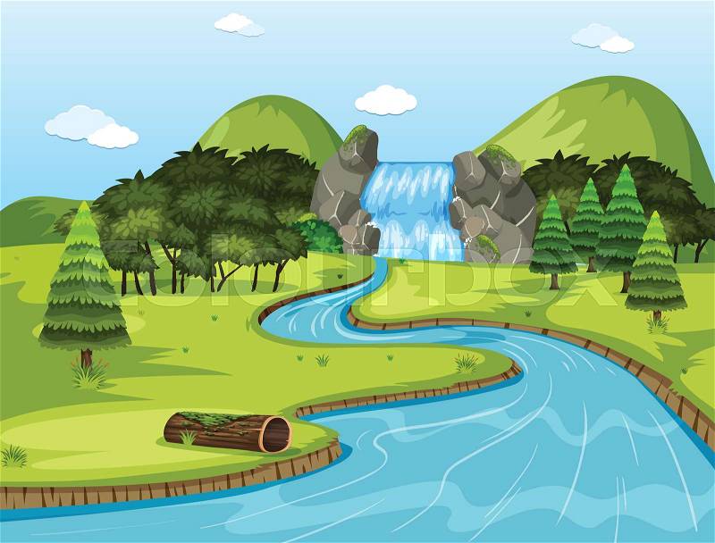 Beautiful waterfall landscape scene illustration, vector