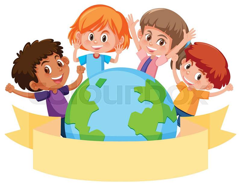 Children around a globe with banner illustration, vector