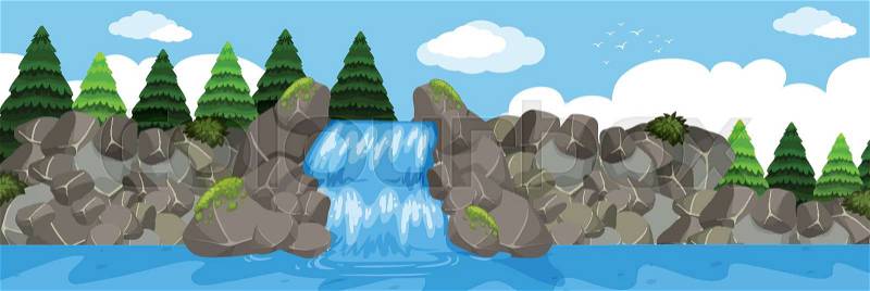A beautiful waterfall landscape illustration, vector