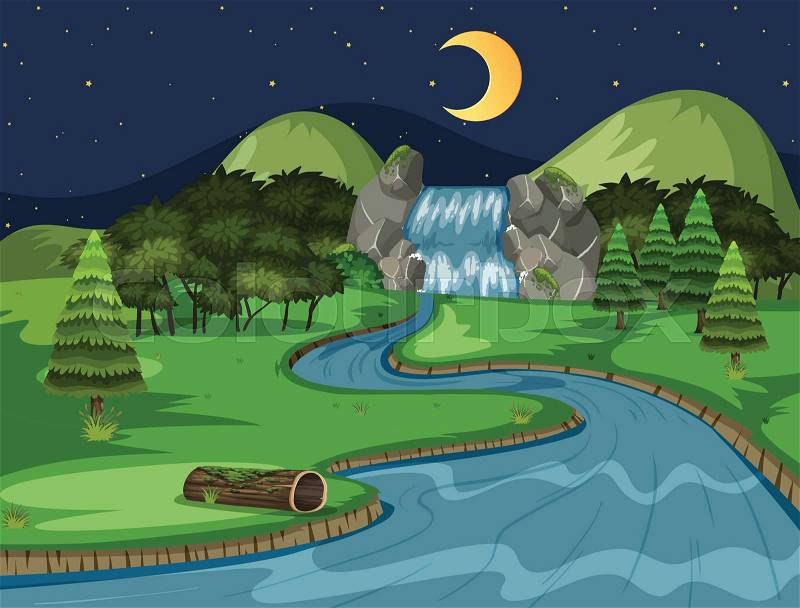 A natural waterfall landscape at night illustration, vector