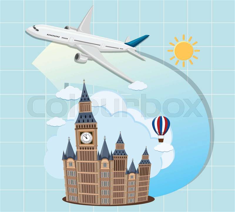 London landmarks with airplane illustration, vector