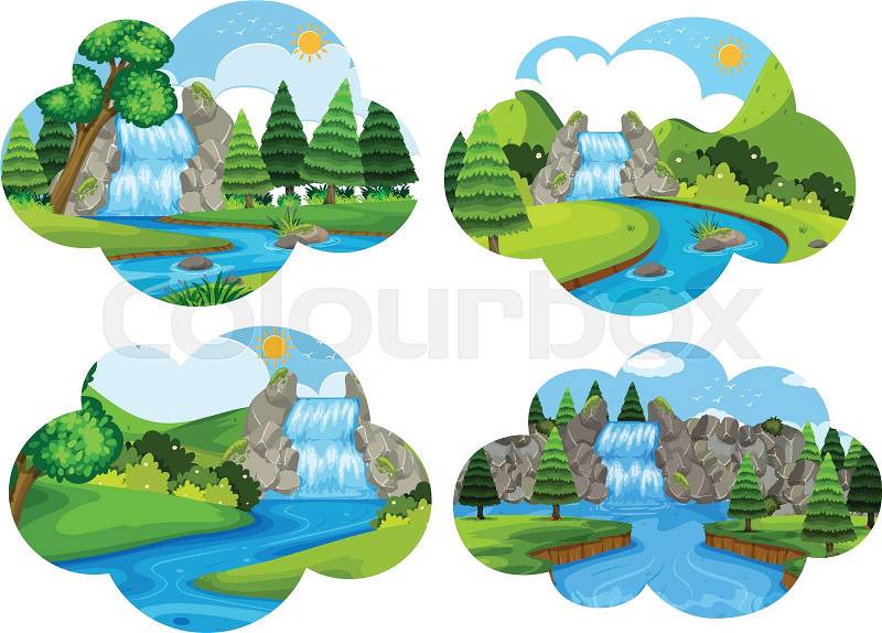 Set of waterfall nature scenes illustration, vector