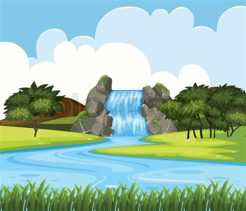 A beautiful waterfall landscape illustration, vector