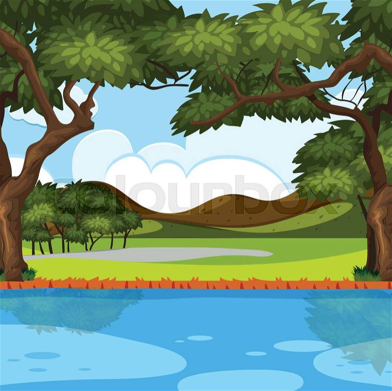 Outdoor nature river scene illustration, vector