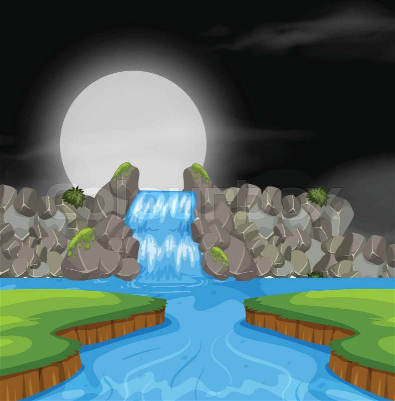 Waterfall landscape at night illustration, vector
