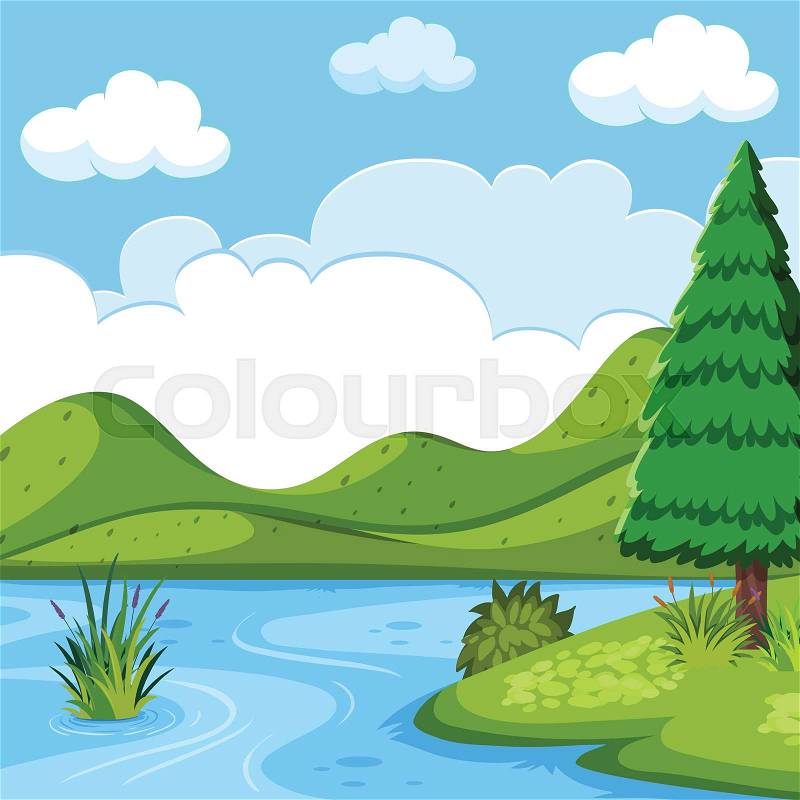 Beautiful lake landscape scene illustration, vector