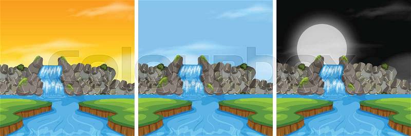 Waterfall landscape in diffrent time illustration, vector