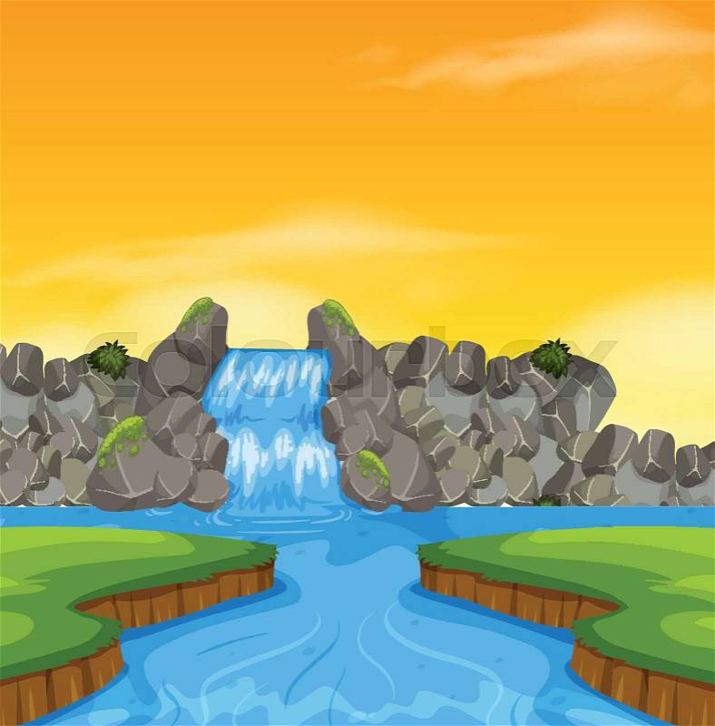 Waterfall in nature landscape illustration, vector