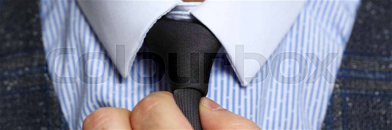 Male arm in blue suit set tie closeup. White collar management job serious move secretary student luxury formal interview executive agent marriage store corporate ..., stock photo