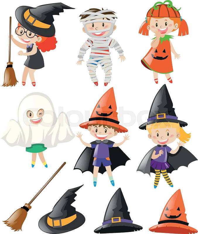 Halloween set with kids in costumes illustration, vector