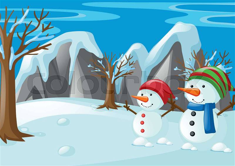 Two snowmen on the snow field illustration, vector
