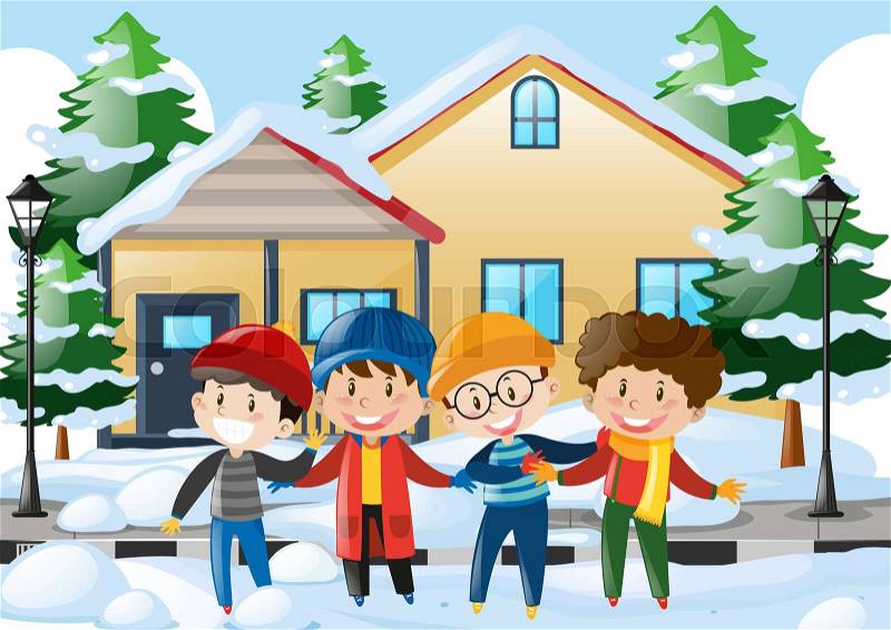 Four boys standing on the road covered with snow illustration, vector