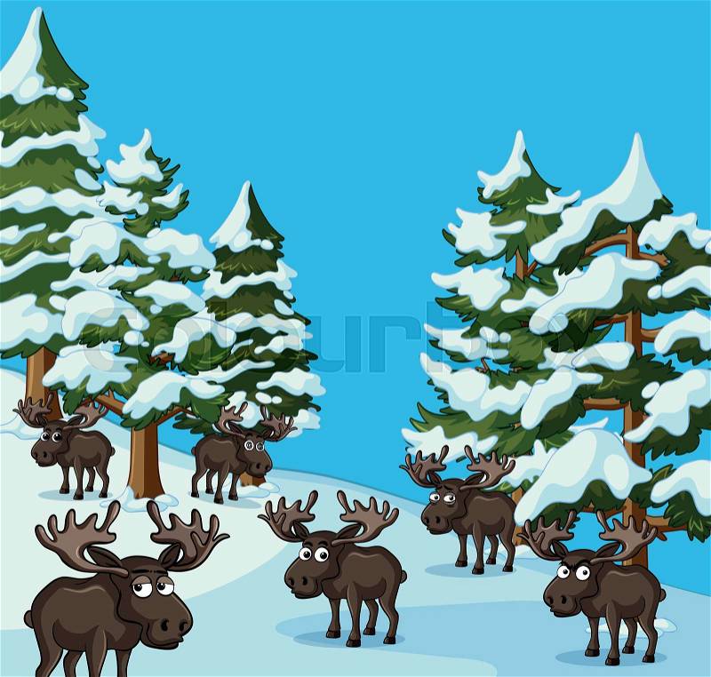Many mooses on snow mountain illustration, vector