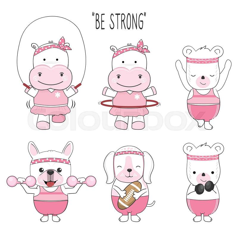 Cute baby animal cartoon character exercise set illustration, vector