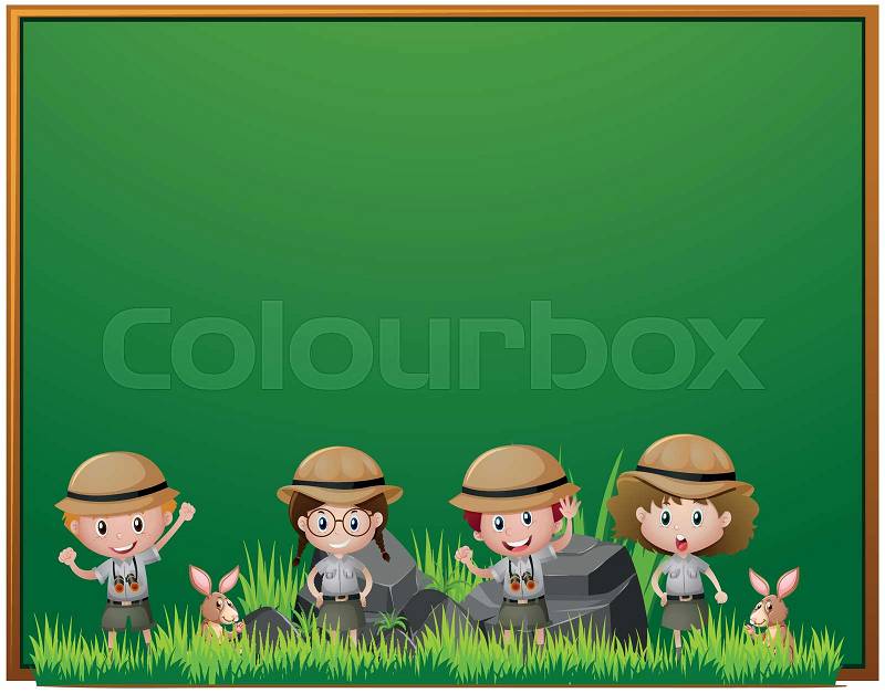 Board template with kids in safari outfit illustration, vector