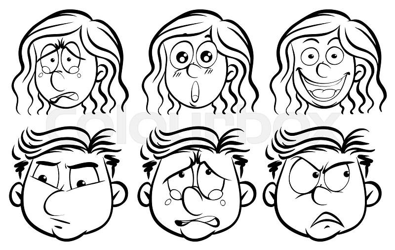 Six different emotions on human faces illustration, vector
