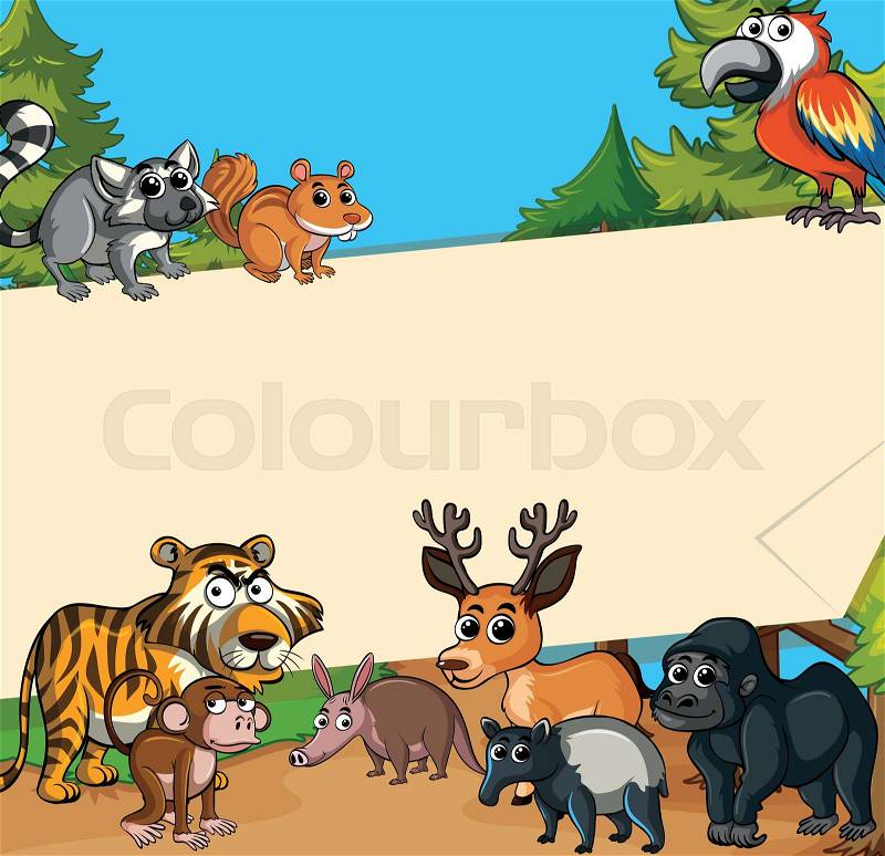 Paper template with wild animals in forest illustration, vector