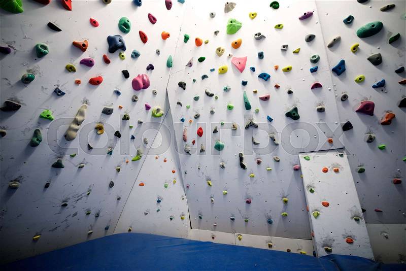 Climbing wall indoor detail in Zaragoza, Spain, stock photo